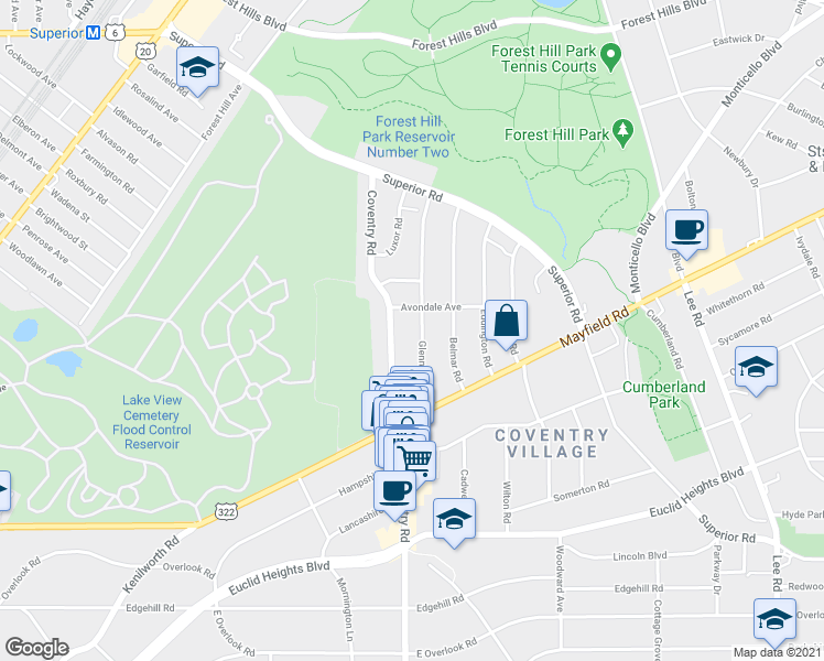 map of restaurants, bars, coffee shops, grocery stores, and more near 1667 Glenmont Road in Cleveland Heights