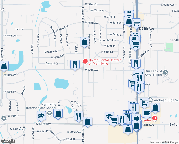 map of restaurants, bars, coffee shops, grocery stores, and more near 5732 Van Buren Street in Merrillville