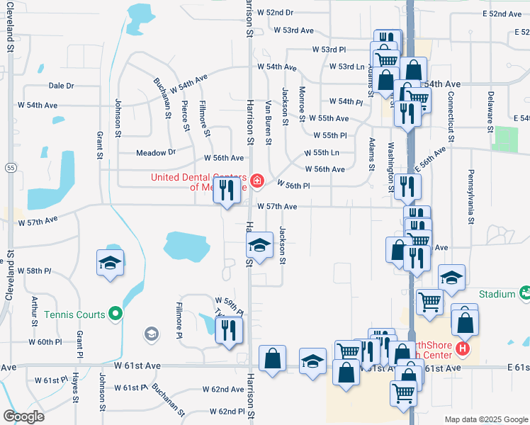 map of restaurants, bars, coffee shops, grocery stores, and more near 5732 Van Buren Street in Merrillville
