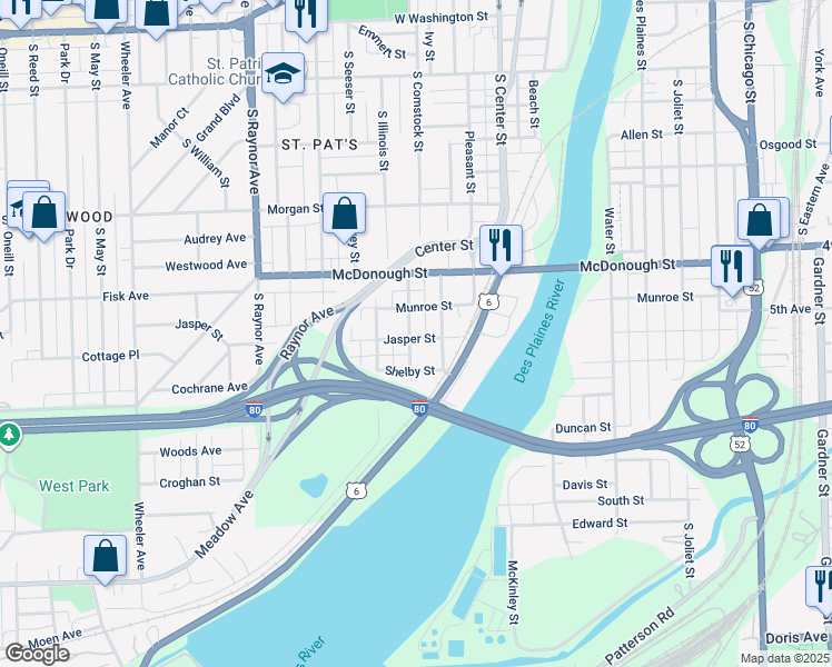 map of restaurants, bars, coffee shops, grocery stores, and more near 554 Jasper Street in Joliet