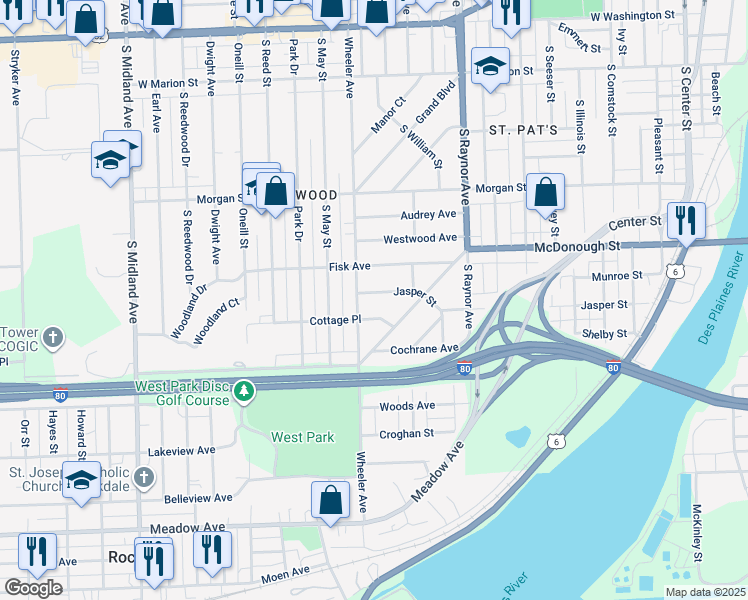 map of restaurants, bars, coffee shops, grocery stores, and more near 953 Cottage Place in Joliet