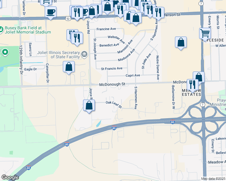 map of restaurants, bars, coffee shops, grocery stores, and more near 2230 McDonough Street in Joliet