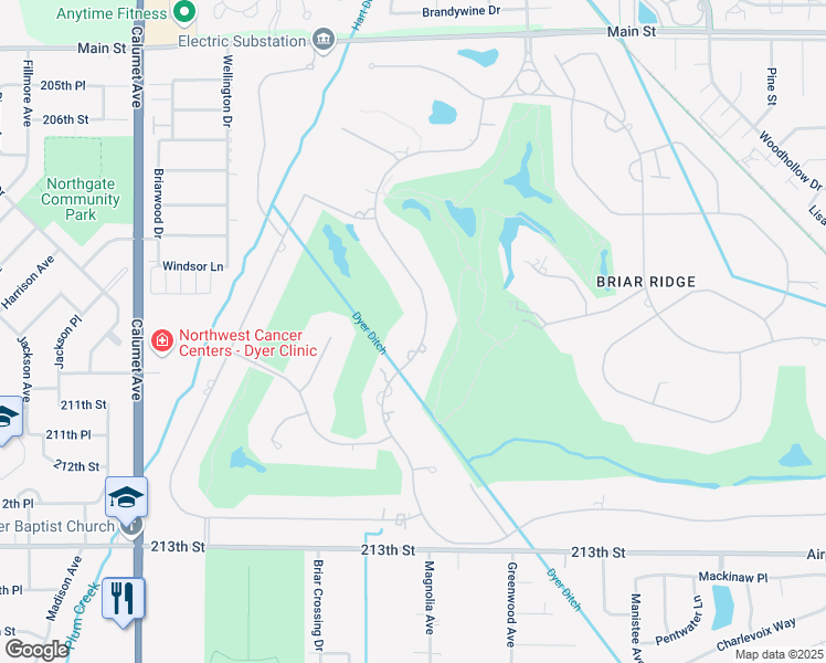 map of restaurants, bars, coffee shops, grocery stores, and more near 937 Killarney Drive in Dyer