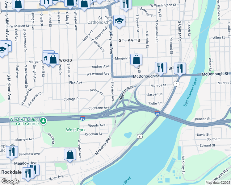 map of restaurants, bars, coffee shops, grocery stores, and more near 757 Jasper Street in Joliet