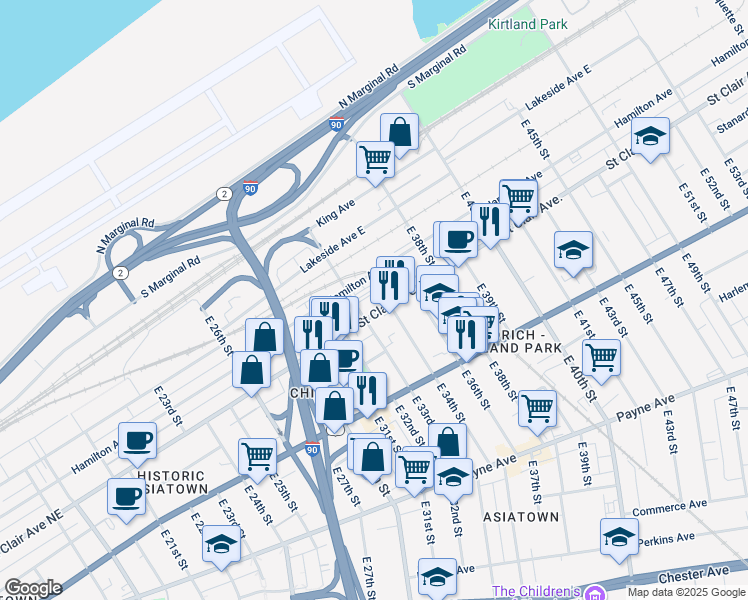 map of restaurants, bars, coffee shops, grocery stores, and more near 3328 Saint Clair Avenue Northeast in Cleveland