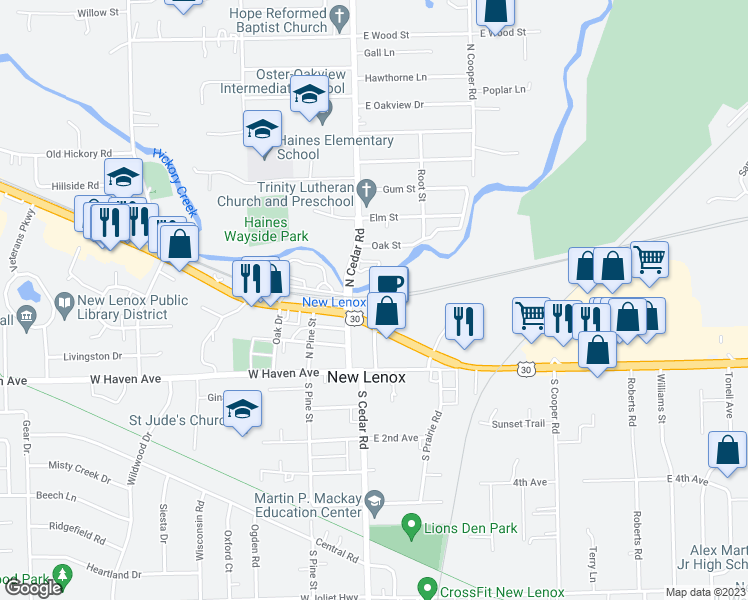map of restaurants, bars, coffee shops, grocery stores, and more near 300 N Church Street in New Lenox