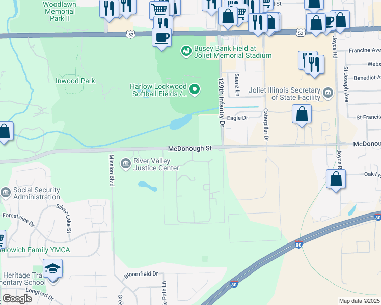 map of restaurants, bars, coffee shops, grocery stores, and more near 2848 McDonough Street in Joliet