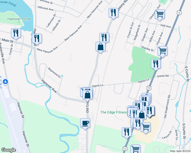 map of restaurants, bars, coffee shops, grocery stores, and more near 38 Gypsy Lane in Meriden