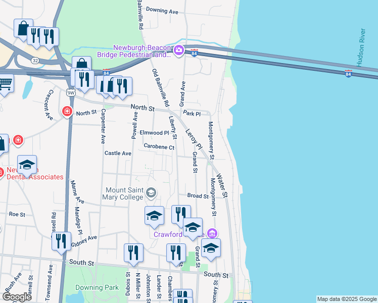 map of restaurants, bars, coffee shops, grocery stores, and more near 81 Nicoll Street in Newburgh