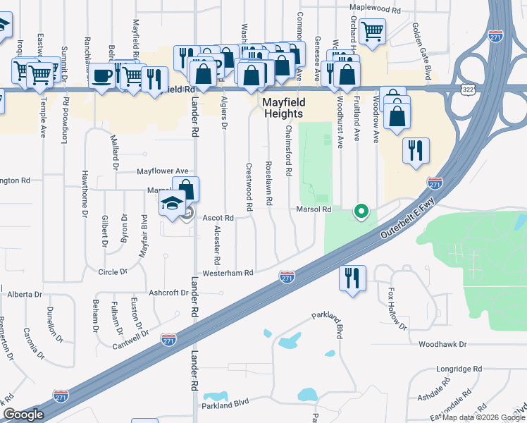 map of restaurants, bars, coffee shops, grocery stores, and more near 1708 Roselawn Road in Mayfield Heights