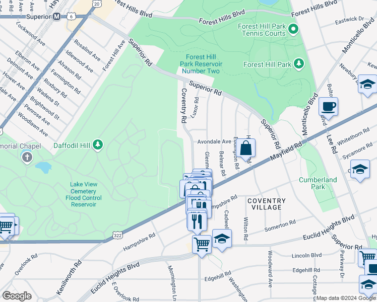map of restaurants, bars, coffee shops, grocery stores, and more near 1671 Coventry Road in Cleveland Heights