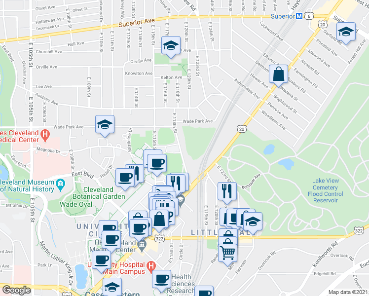 map of restaurants, bars, coffee shops, grocery stores, and more near 1631 East 118th Street in Cleveland