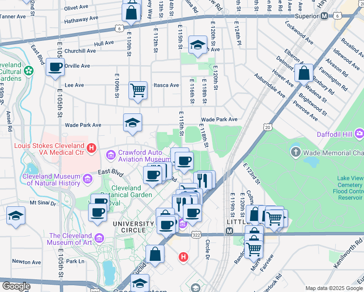 map of restaurants, bars, coffee shops, grocery stores, and more near 1623 East 115th Street in Cleveland