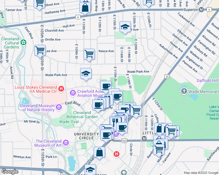 map of restaurants, bars, coffee shops, grocery stores, and more near 1615 Mistletoe Drive in Cleveland