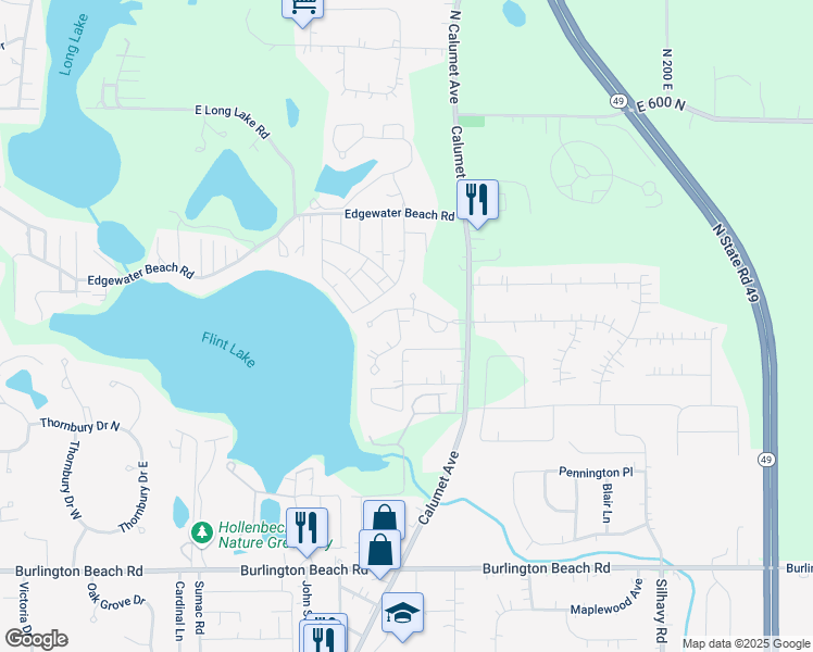 map of restaurants, bars, coffee shops, grocery stores, and more near 4901-5099 Waters Edge Drive in Valparaiso