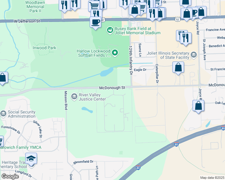 map of restaurants, bars, coffee shops, grocery stores, and more near 2848 McDonough Street in Joliet