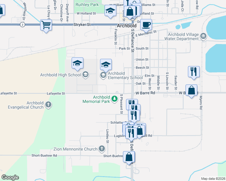 map of restaurants, bars, coffee shops, grocery stores, and more near 204 Lafayette Street in Archbold