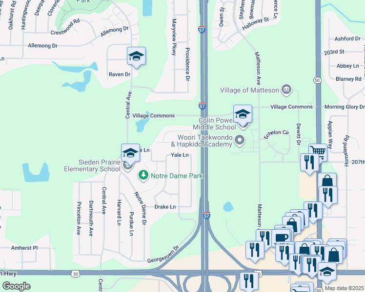 map of restaurants, bars, coffee shops, grocery stores, and more near 5301 Stanford Lane in Matteson