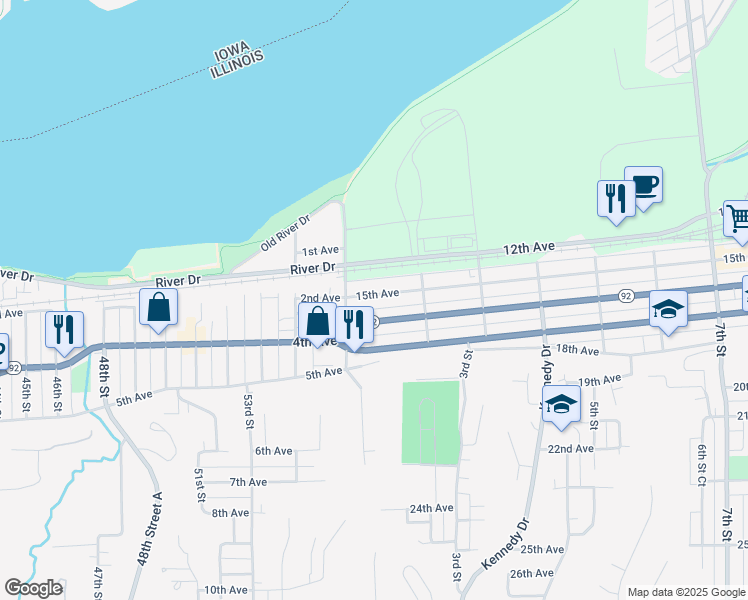 map of restaurants, bars, coffee shops, grocery stores, and more near 130 15th Avenue in East Moline
