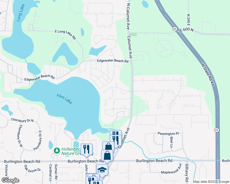 map of restaurants, bars, coffee shops, grocery stores, and more near 4901-5099 Waters Edge Drive in Valparaiso
