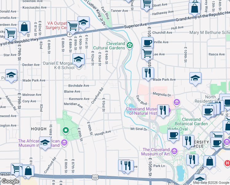 map of restaurants, bars, coffee shops, grocery stores, and more near 1552 Ansel Road in Cleveland