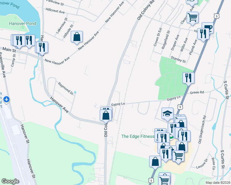 map of restaurants, bars, coffee shops, grocery stores, and more near 38 Gypsy Lane in Meriden