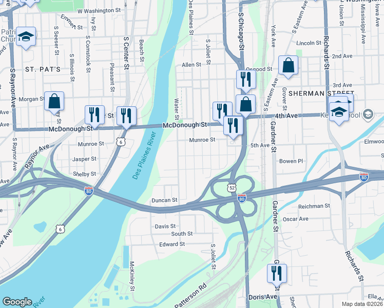 map of restaurants, bars, coffee shops, grocery stores, and more near 467 South Des Plaines Street in Joliet