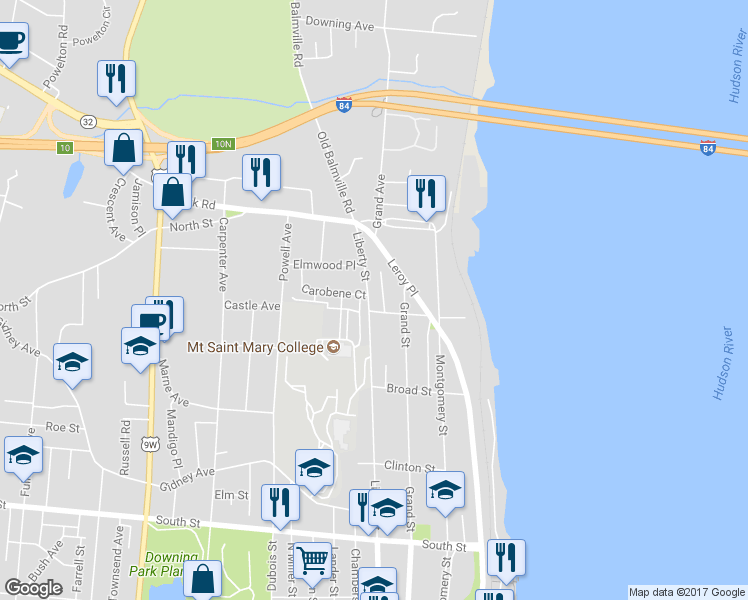 map of restaurants, bars, coffee shops, grocery stores, and more near 492 Liberty Street in Newburgh