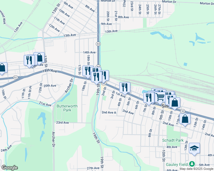 map of restaurants, bars, coffee shops, grocery stores, and more near 183 Hero Street in Silvis