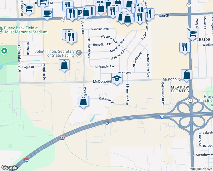 map of restaurants, bars, coffee shops, grocery stores, and more near 2230 McDonough Street in Joliet