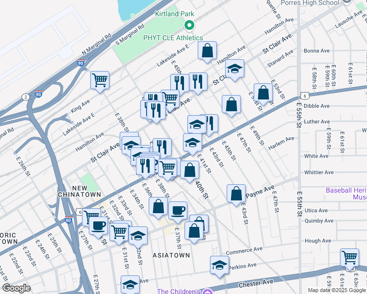 map of restaurants, bars, coffee shops, grocery stores, and more near 4050 Superior Avenue in Cleveland