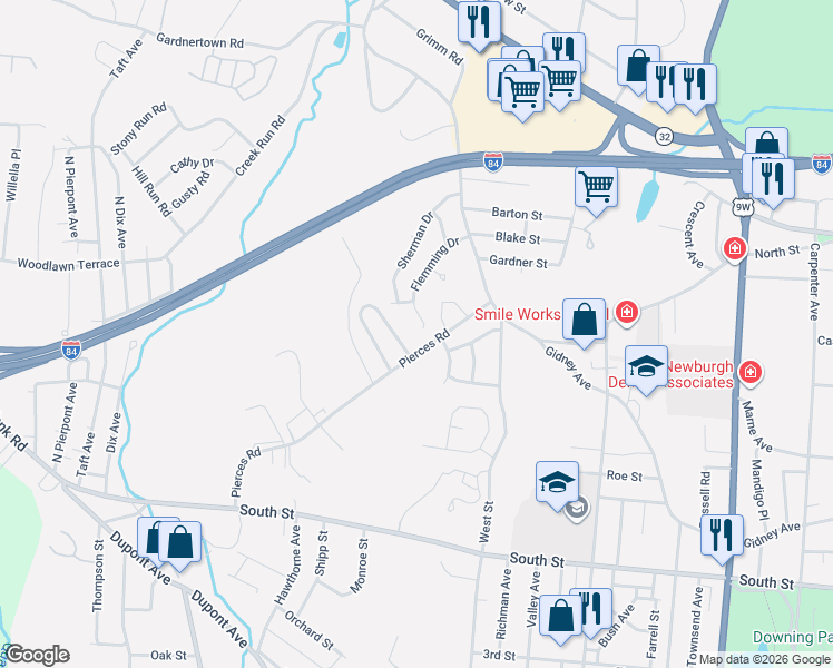 map of restaurants, bars, coffee shops, grocery stores, and more near 30 Pierces Road in Newburgh