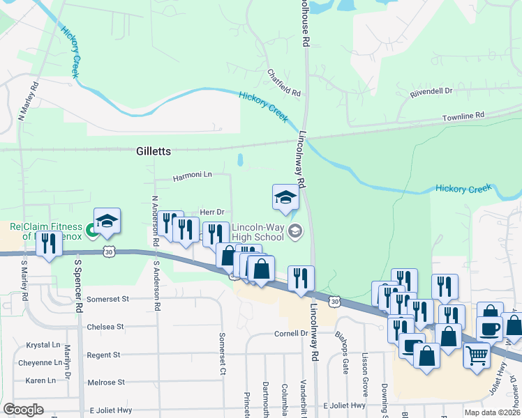 map of restaurants, bars, coffee shops, grocery stores, and more near 1801 East Lincoln Highway in New Lenox