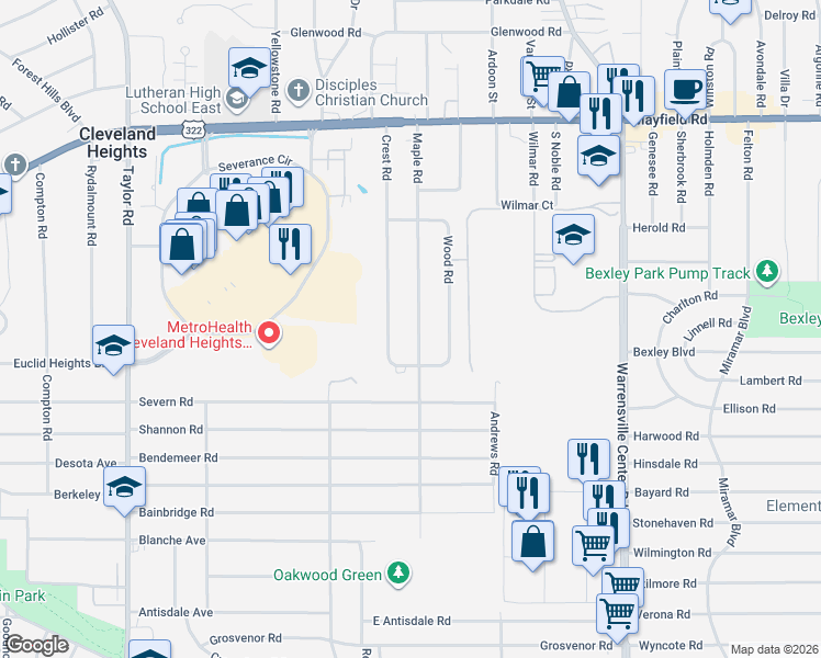 map of restaurants, bars, coffee shops, grocery stores, and more near 1680 Maple Road in Cleveland Heights