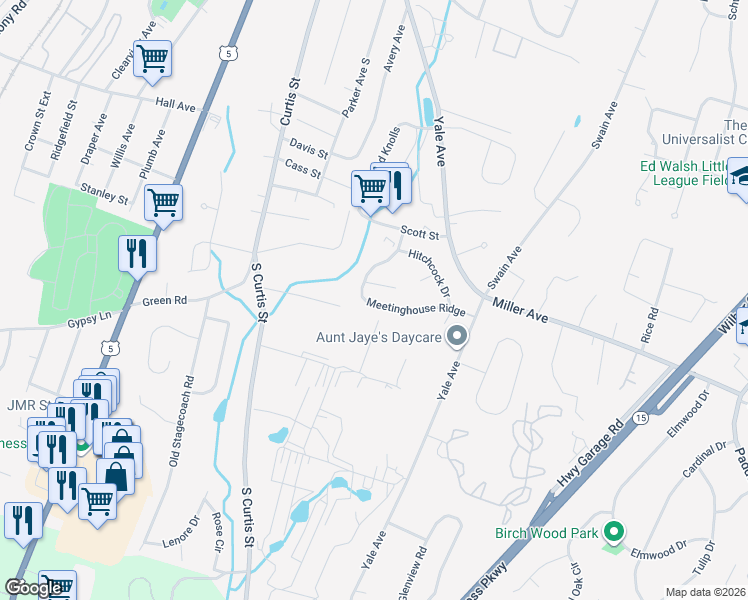 map of restaurants, bars, coffee shops, grocery stores, and more near 107 Meetinghouse Ridge in Meriden