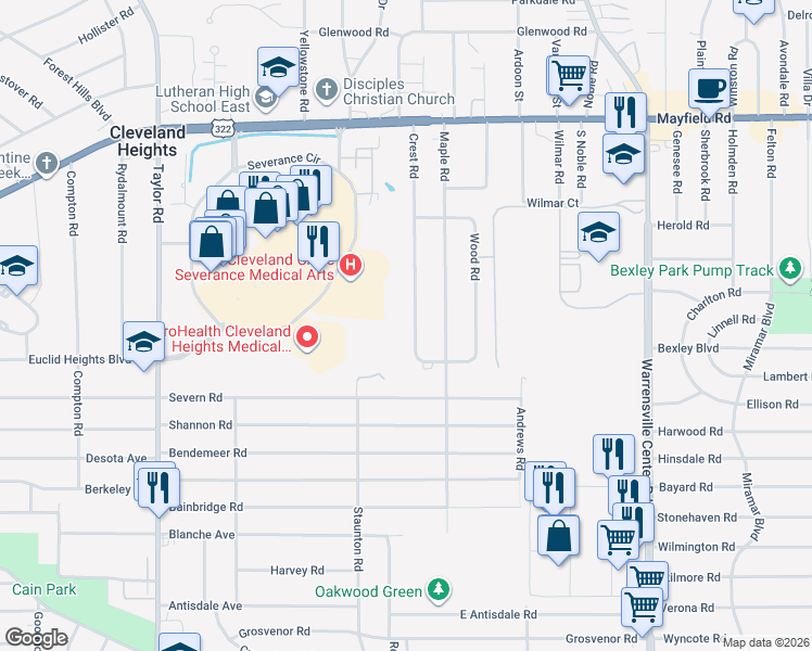 map of restaurants, bars, coffee shops, grocery stores, and more near 1686 Crest Road in Cleveland Heights