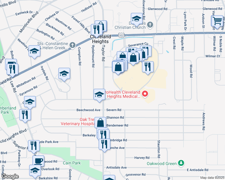 map of restaurants, bars, coffee shops, grocery stores, and more near 25 Severance Circle in Cleveland Heights