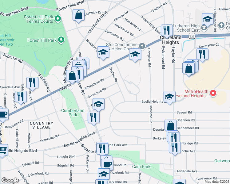 map of restaurants, bars, coffee shops, grocery stores, and more near 3228 Oak Road in Cleveland Heights
