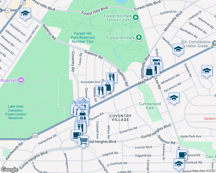 map of restaurants, bars, coffee shops, grocery stores, and more near 1666 Hillcrest Road in Cleveland Heights