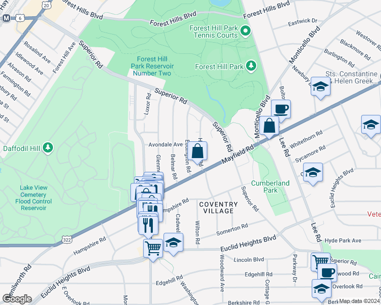 map of restaurants, bars, coffee shops, grocery stores, and more near 1666 Hillcrest Road in Cleveland Heights
