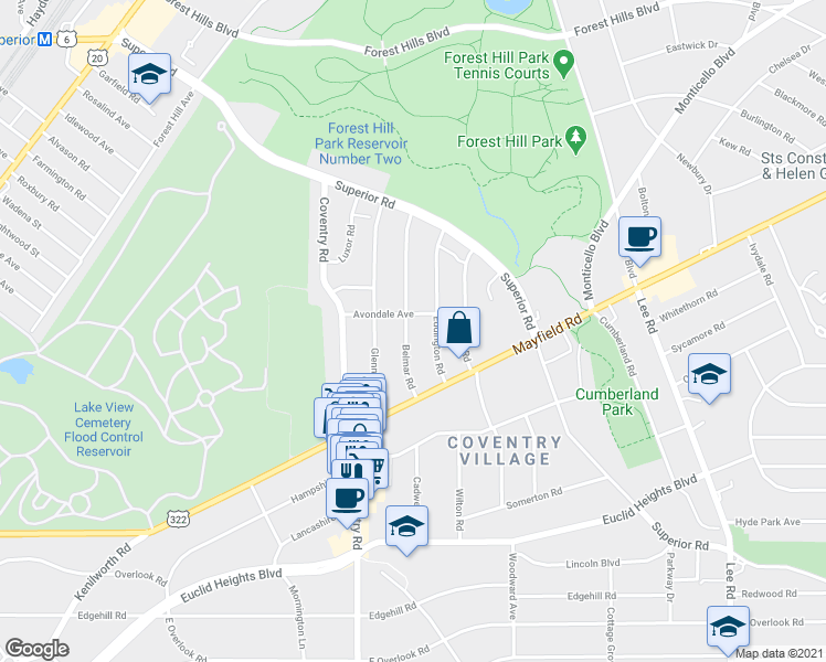 map of restaurants, bars, coffee shops, grocery stores, and more near 1668 Eddington Road in Cleveland Heights