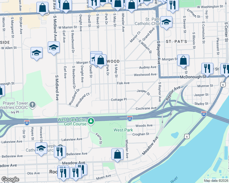 map of restaurants, bars, coffee shops, grocery stores, and more near 424 Park Drive in Joliet
