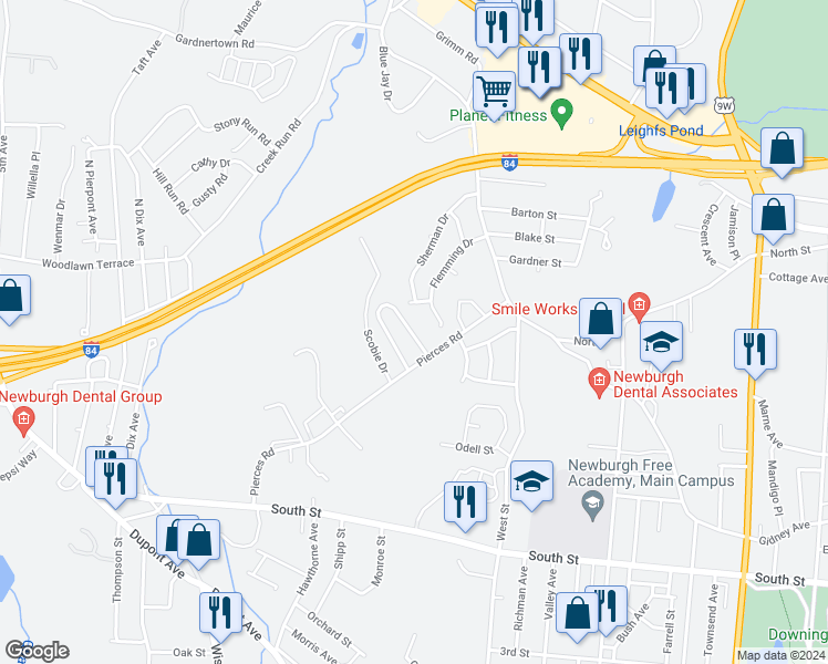 map of restaurants, bars, coffee shops, grocery stores, and more near 5 Williamsburg Drive in Newburgh