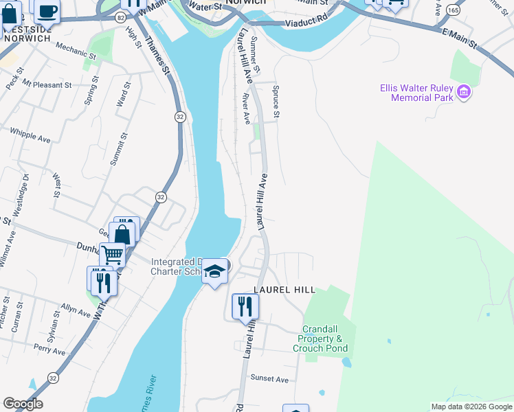 map of restaurants, bars, coffee shops, grocery stores, and more near 259 Laurel Hill Avenue in Norwich
