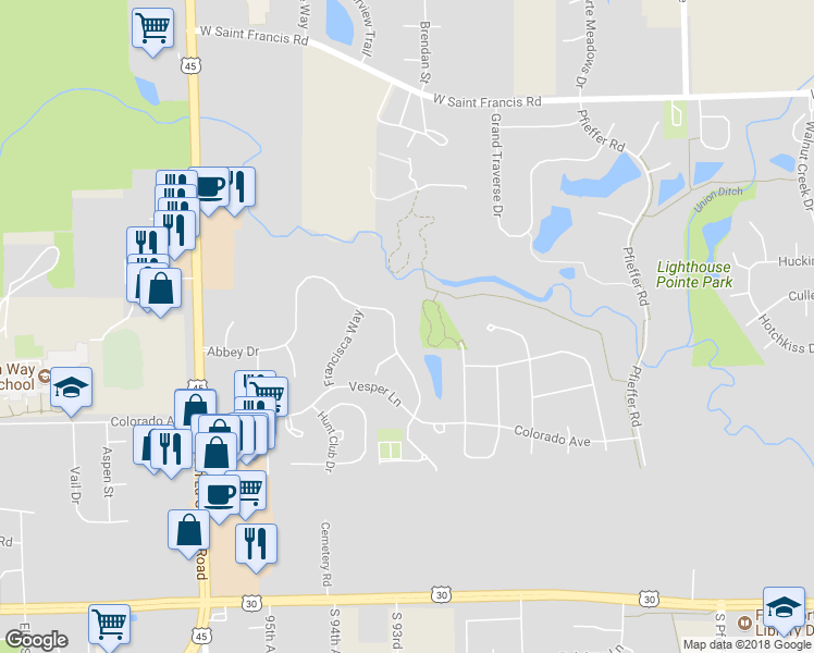 map of restaurants, bars, coffee shops, grocery stores, and more near 20515 Abbey Drive in Frankfort