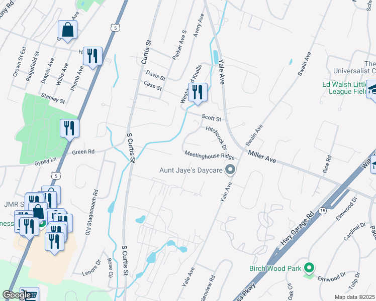 map of restaurants, bars, coffee shops, grocery stores, and more near 107 Meetinghouse Ridge in Meriden