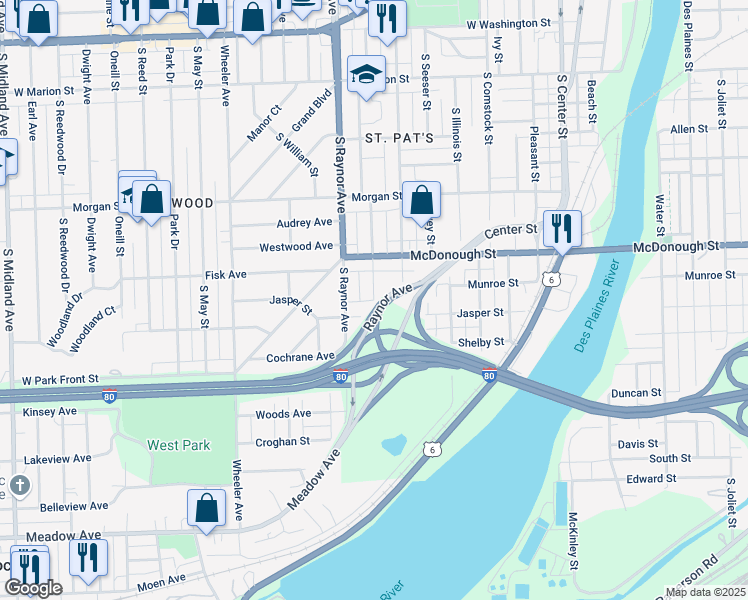 map of restaurants, bars, coffee shops, grocery stores, and more near 938 South Willow Avenue in Joliet