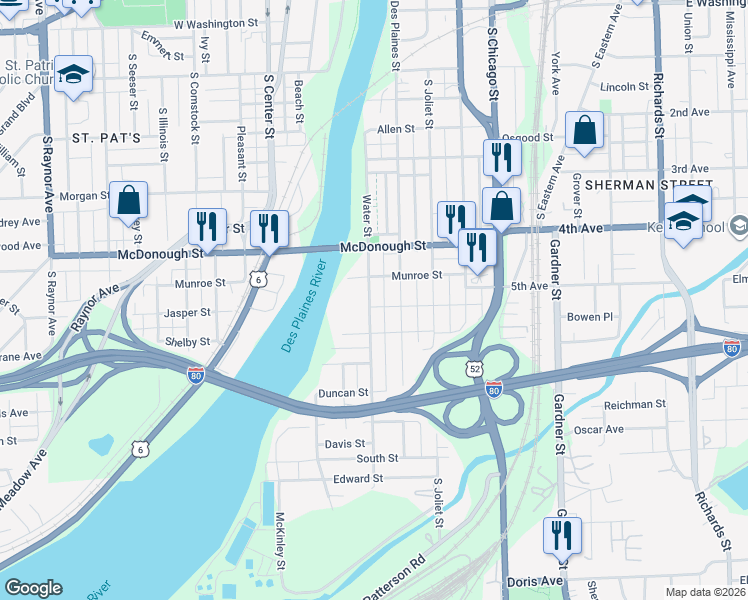 map of restaurants, bars, coffee shops, grocery stores, and more near 464 Water Street in Joliet