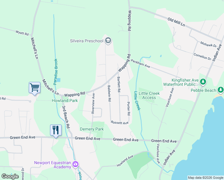 map of restaurants, bars, coffee shops, grocery stores, and more near 5 Baldwin Road in Middletown