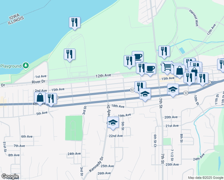 map of restaurants, bars, coffee shops, grocery stores, and more near 428-430 16th Avenue in East Moline
